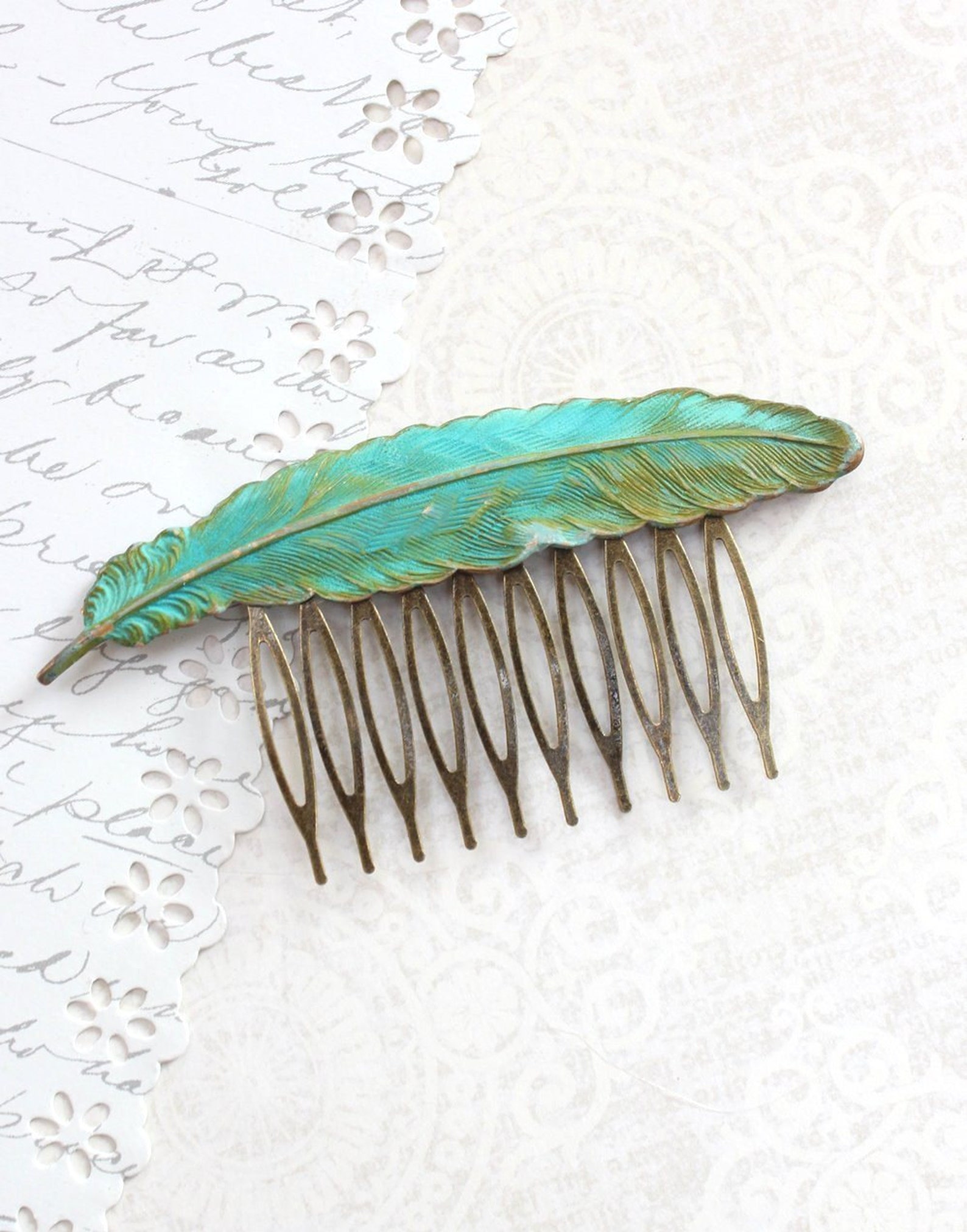 Big Feather Hair Comb Teal Verdigris Patina Woodland Wedding Etsy