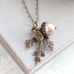 Almond Blush Pearl Acorn Necklace Acorn Charm Pendant Bridesmaid Gift Nature Pinecone Branch Leaf Rustic Oak Woodland Wedding Autumn Jewelry