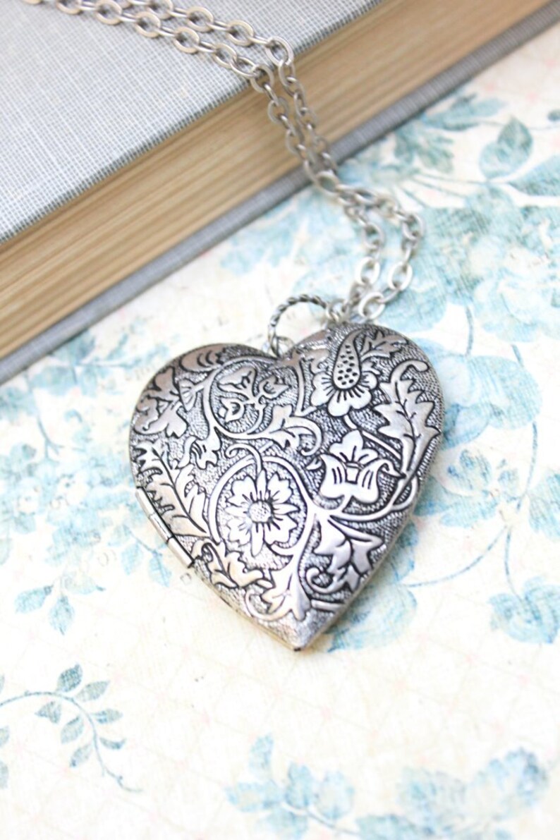 Large Heart Locket Necklace Silver Floral Locket Pendant Etsy