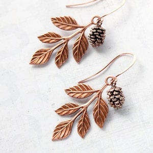 Copper Branch Earrings Rose Gold Pinecone Dangles Woodland Jewellery Nature Inspired Rustic Leaf Autumn Fall Wedding Gift for women Her