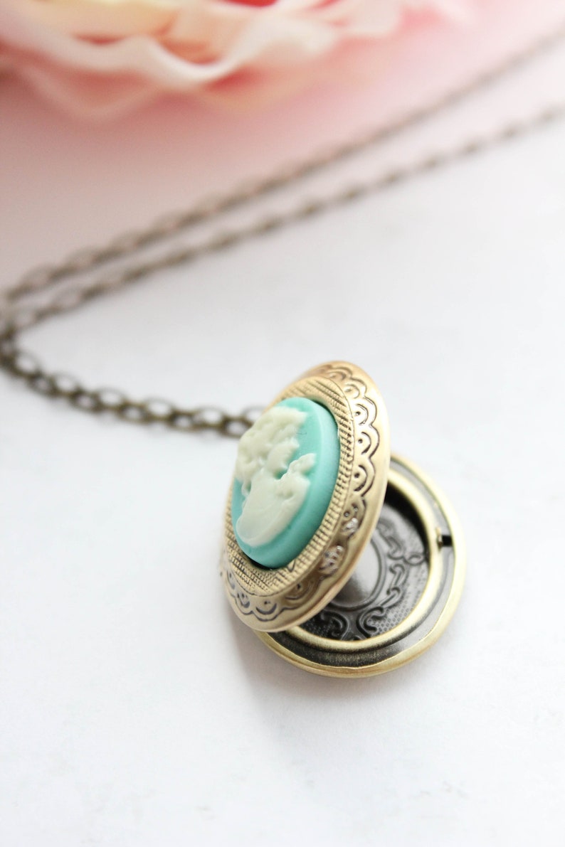 Oval Locket Necklace Aqua Blue Cameo Photo Locket Pendant Etsy