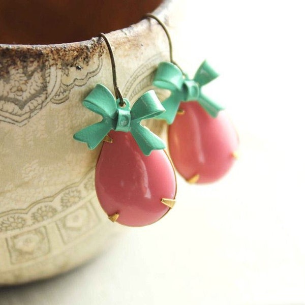 Vintage Glass Earrings, Pink Teardrop, Aqua Bow Earrings, Opaque Pink Earrings