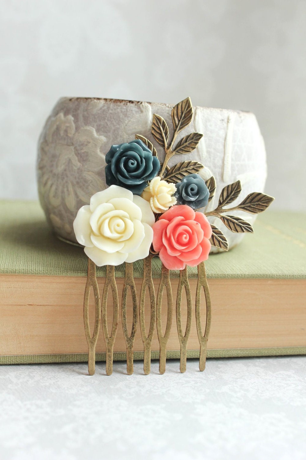 Flower Hair Comb Coral Rose Navy Blue Rose Comb Ivory Cream Etsy