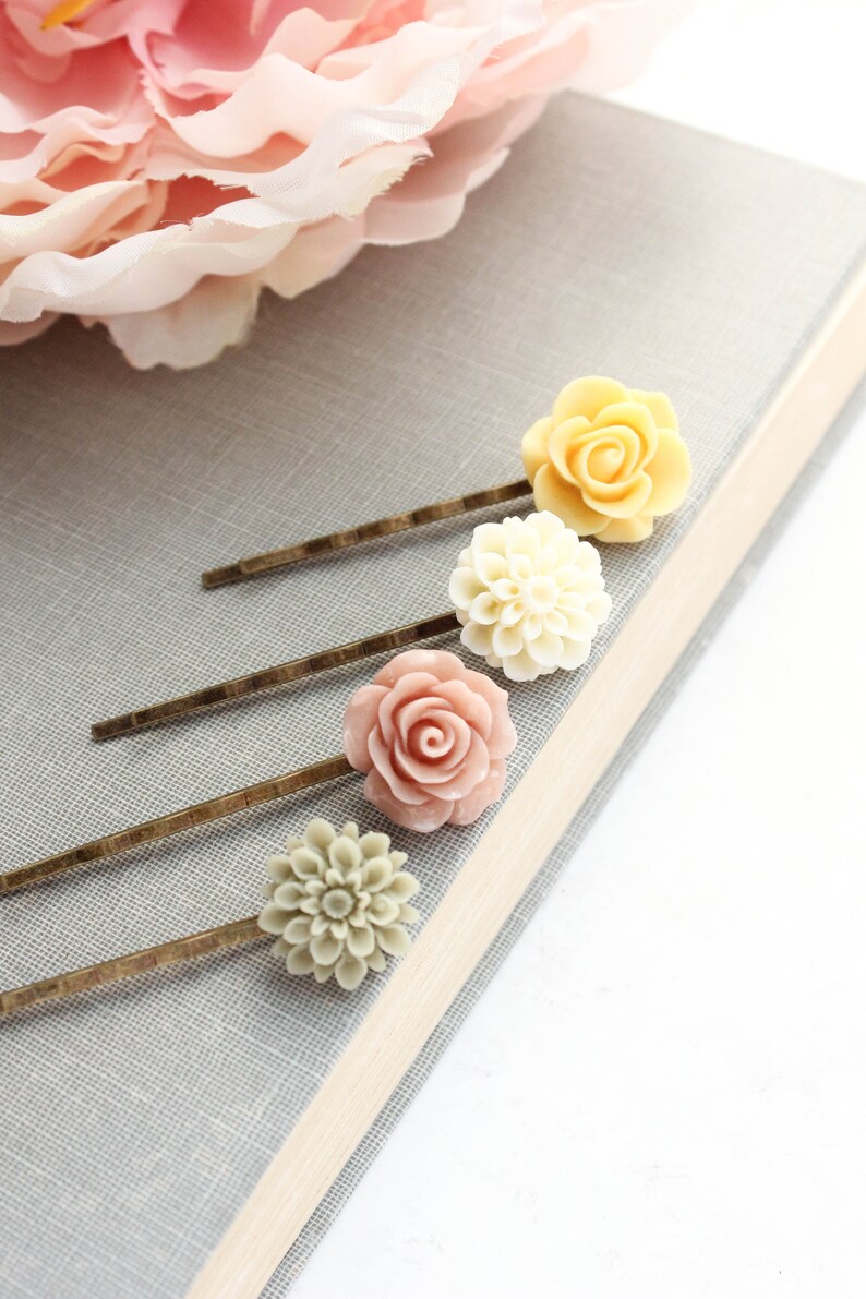 Flower Bobby Pins Tan Dahlia Yellow Rose Floral Hair Pins Etsy
