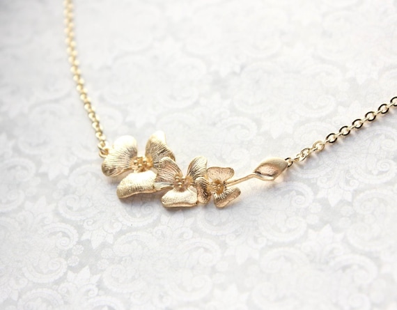 Gold Orchid Necklace, Floral Jewelry, Bridesmaids Gift