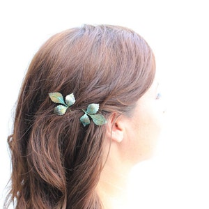 Leaf Bobby Pins Leaves Branch Patina Verdigris Green Woodland Wedding Hair Accessories Hair Slides Pair of Leaves Nature Bridal Accessories