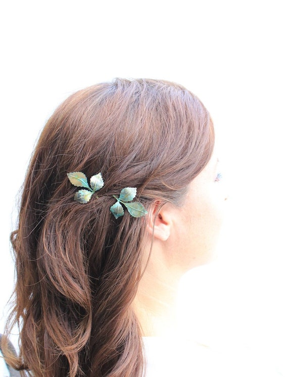 Leaf Bobby Pins Leaves Branch Patina Verdigris Green Woodland Etsy
