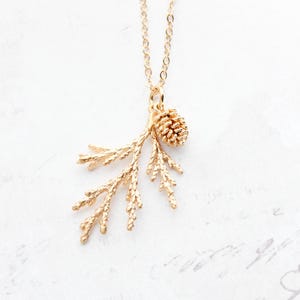 Cedar Branch and Pine Cone Necklace, Nature Charm Pendant, Juniper Necklace, Cypress Tree