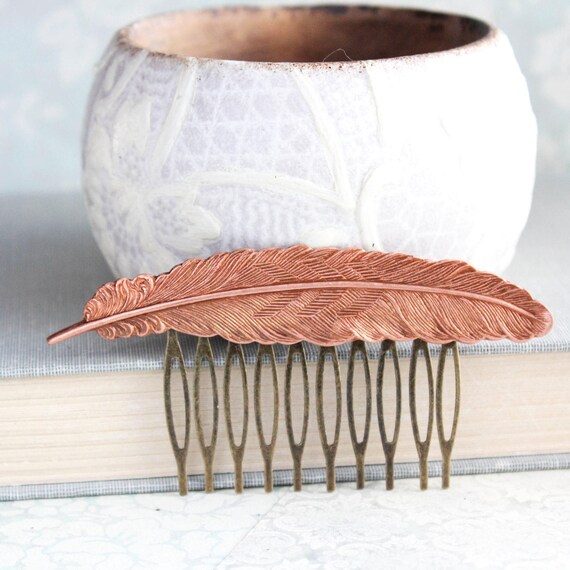 Feather Hair Comb Rose Copper Woodland Wedding Rustic Nature Etsy