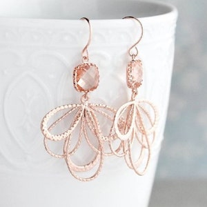 Rose Gold Earrings, Peach Champagne, Glass Earrings, Modern Filigree, Bridesmaids Gift, Nickel Free, Pink Blush Gold, Rose Gold Wedding