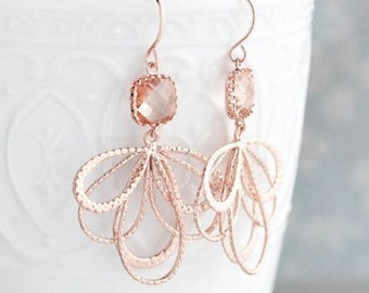 Rose Gold Earrings, Peach Champagne, Glass Earrings, Modern Filigree, Bridesmaids Gift, Nickel Free, Pink Blush Gold, Rose Gold Wedding