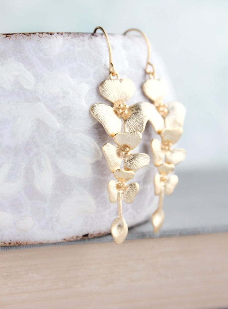 Gold Orchid Earrings Floral Dangle Earrings Long Gold Etsy