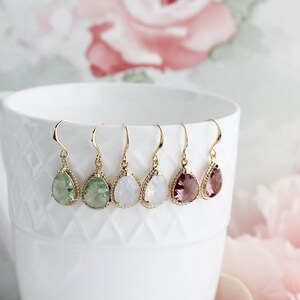 Light Green Glass Earrings, Sparkling Chrysolite Glass Jewel, Modern Pear Drop Earrings Sparkle Gold Teardrop Gift for Women Bridesmaids image 5