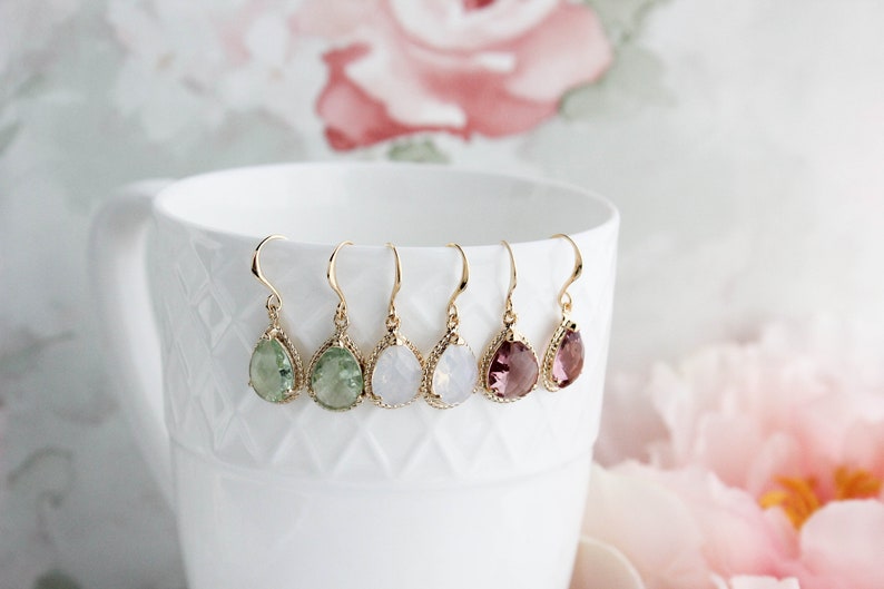 Light Green Glass Earrings, Sparkling Chrysolite Glass Jewel, Modern Pear Drop Earrings Sparkle Gold Teardrop Gift for Women Bridesmaids image 5