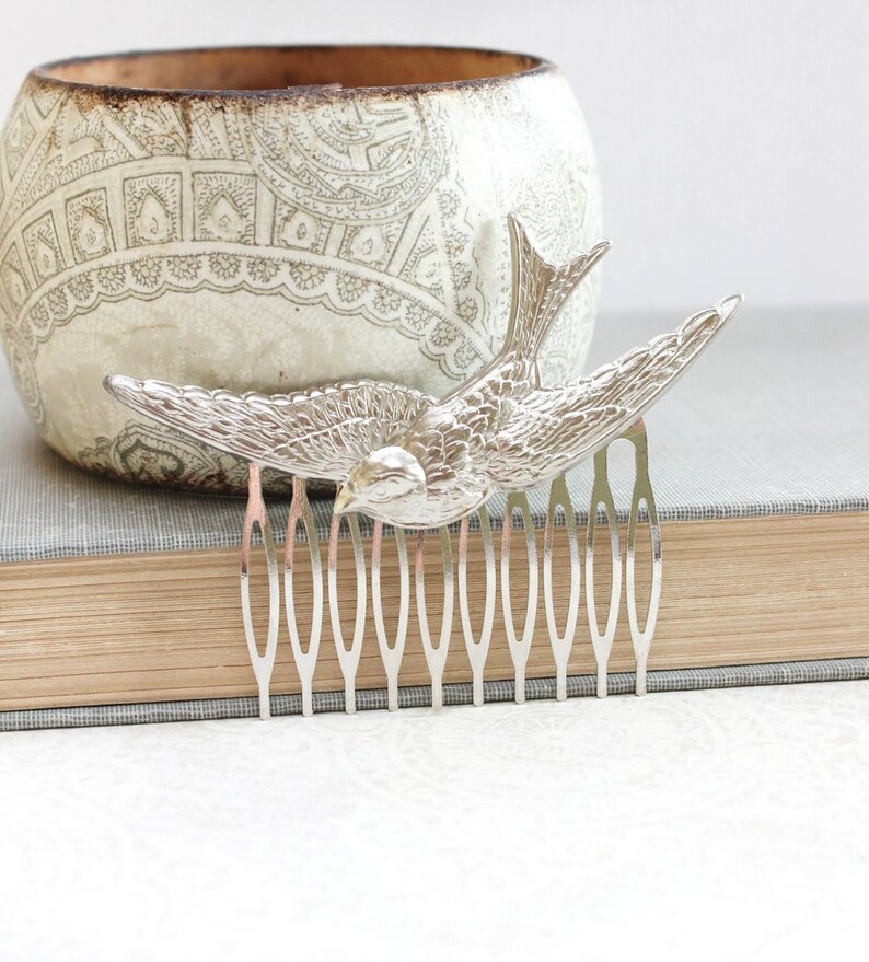 Silver Bird Comb Flying Swallow Hair Accessory Feather Wings Etsy