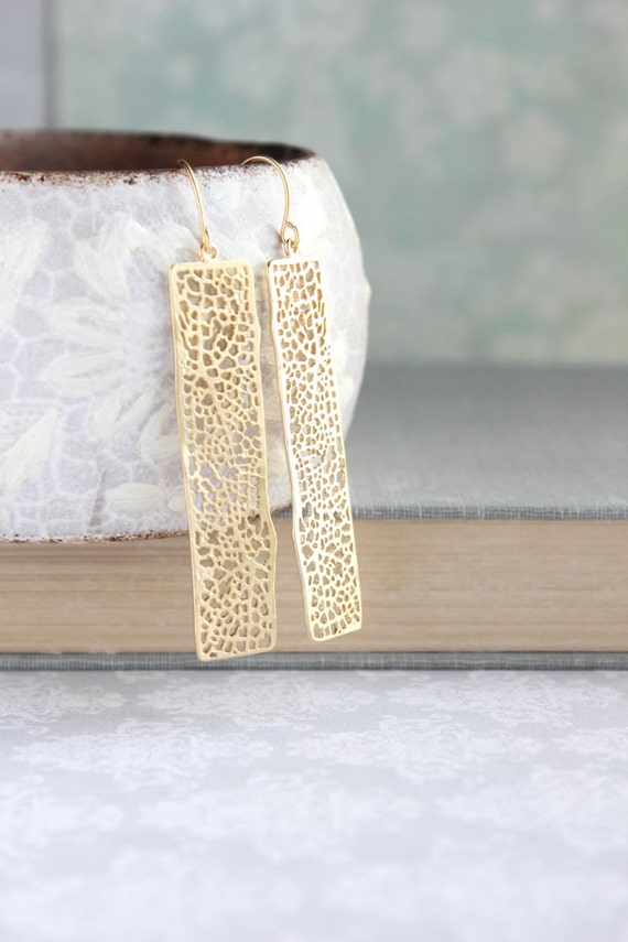 Unique Gold Earrings Long Lace Filigree Modern Dangle Gold | Etsy