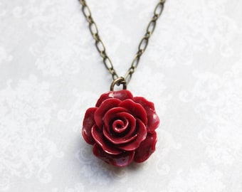 Deep Red Rose Necklace Vintage Inspired 