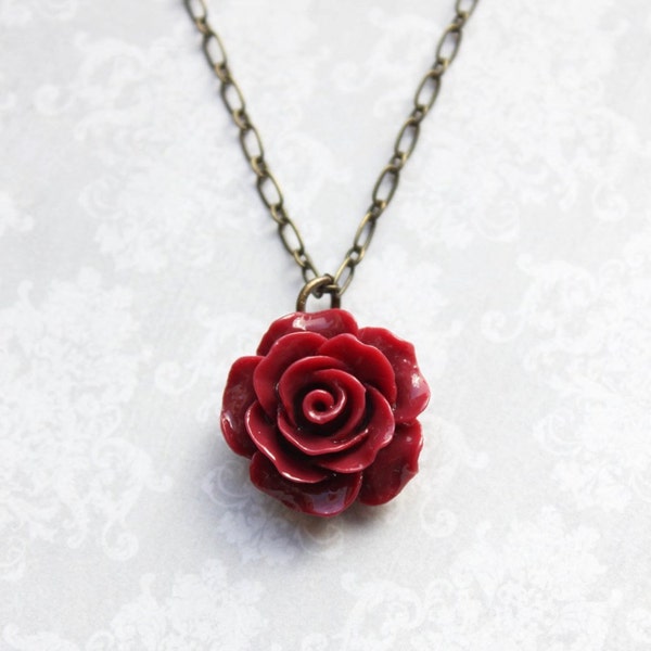 Deep Red Rose Necklace Vintage Inspired Dark Red Floral Jewellery Bridesmaids Gift Flower Pendant Gothic Romantic Country Chic Red Wedding