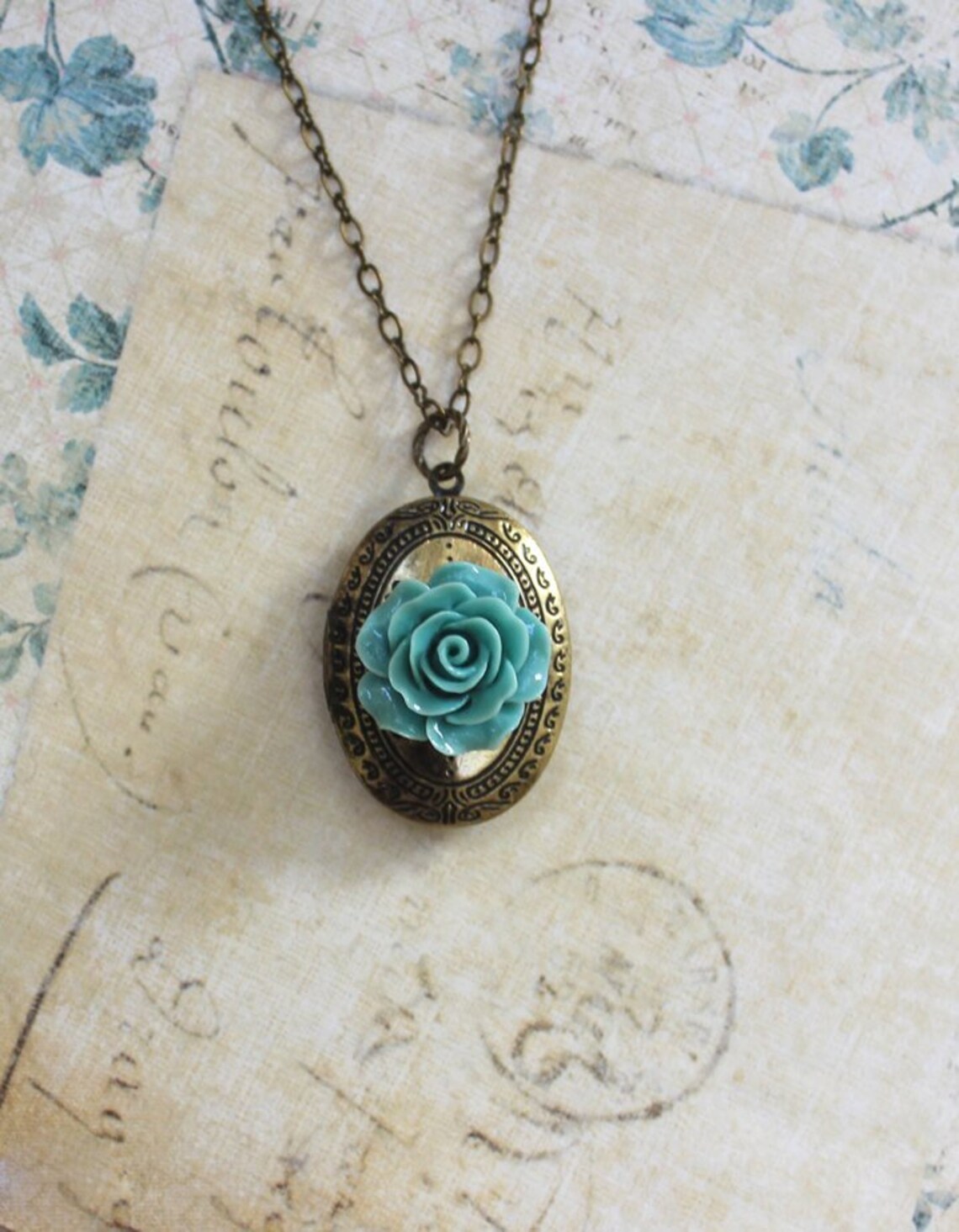 Oval Locket Necklace Antique Gold Brass Blue Rose Vintage Etsy
