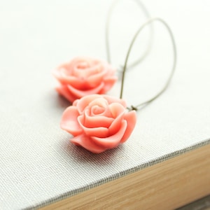 Coral Rose Earrings Flower Earrings Floral Accessories Spring Dangle Earrings Bright Drop Earrings Orange Peach Coral Flower Long Earrings image 3