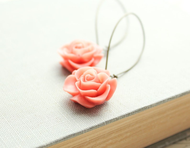 Coral Rose Earrings Flower Earrings Floral Accessories Spring Dangle Earrings Bright Drop Earrings Orange Peach Coral Flower Long Earrings image 3