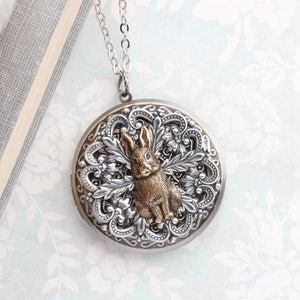 Rabbit Pendant Large Round Brass Picture Locket Layering Necklace Vintage Style Antiqued Silver Filigree Bunny Hare Animal Unique Locket