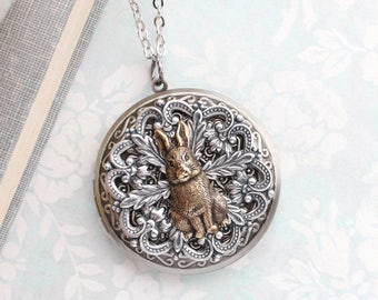 Rabbit Pendant Large Round Brass Picture Locket Layering Necklace Vintage Style Antiqued Silver Filigree Bunny Hare Animal Unique Locket