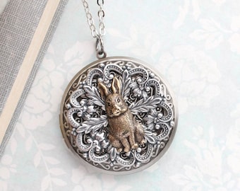 Rabbit Pendant Large Round Brass Picture Locket Layering Necklace Vintage Style Antiqued Silver Filigree Bunny Hare Animal Unique Locket