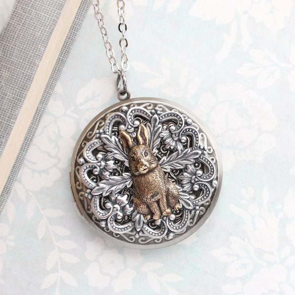 Rabbit Pendant Large Round Brass Picture Locket Layering Necklace Vintage Style Antiqued Silver Filigree Bunny Hare Animal Unique Locket