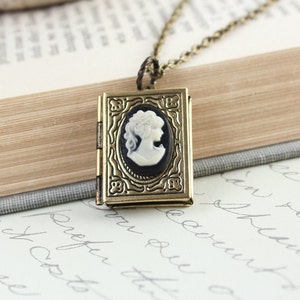 Book Locket Necklace Black and Ivory Lady Cameo Necklace Antique Brass Nickel Free Long Chain Vintage Style Photo Locket Booklovers Gift image 2