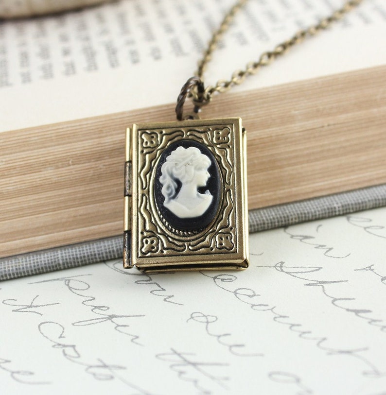 Book Locket Necklace Black and Ivory Lady Cameo Necklace Antique Brass Nickel Free Long Chain Vintage Style Photo Locket Booklovers Gift image 2