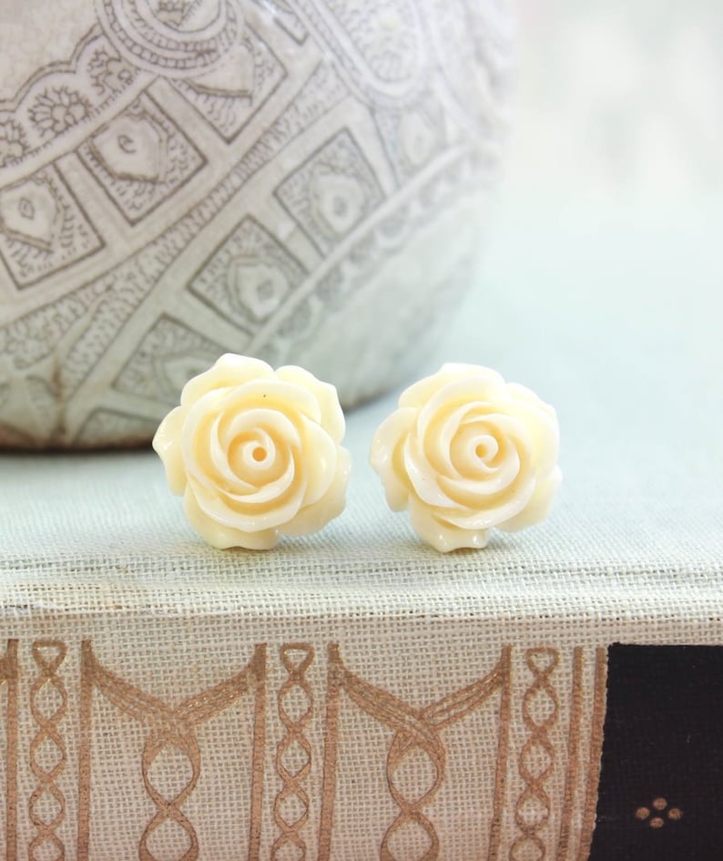 Cream Rose Earrings Surgical Steel Posts Flower Studs Light Yellow Floral Earrings Off White Rose Resin Jewelry Romantic Bridesmaids Gifts image 3