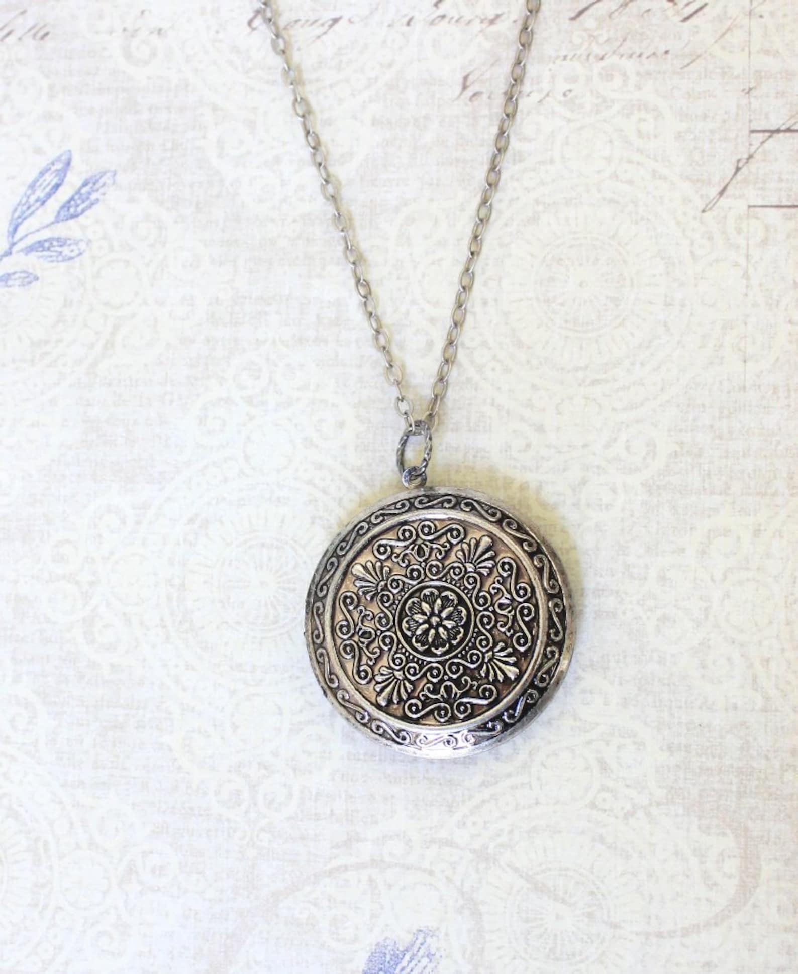 Silver Locket Necklace Large Round Pendant Silver Floral - Etsy
