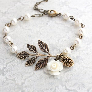 Rustic Branch Bracelet Pinecone Rose Charm Bracelet Bridesmaids Gift Bridal Jewelry Ivory Pearl Bracelet Adjustable Size Woodland Wedding