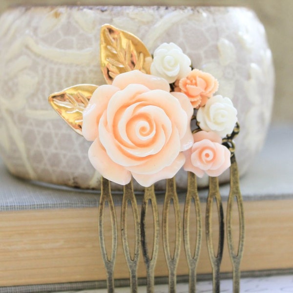 Peach Rose Comb Floral Collage Hair Accessories Shabby Chic Wedding Bridal Pale Peach Rose White Rose Gold Leaf Leaves Winter Holidays