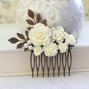 Bridal Hair Comb White Rose Comb with Branches and Pearls Floral Hair Accessories Romantic Weddding Bridemaids Gifts Brides Hair Piece