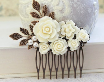Bridal Hair Comb White Rose Comb with Branches and Pearls Floral Hair Accessories Romantic Weddding Bridemaids Gifts Brides Hair Piece