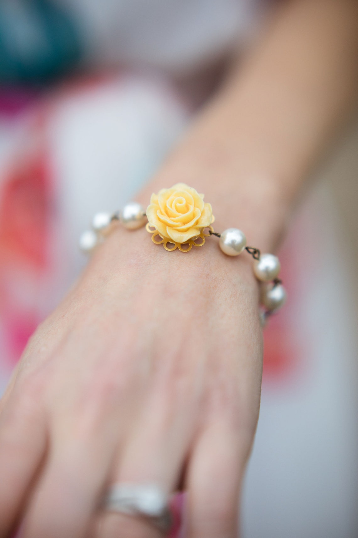 Bridemaids Gift Yellow Rose Bracelet Pearl Bracelet Flower Etsy