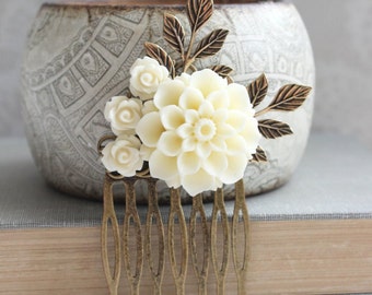 Cream Dahlia Comb Ivory Rose Hair Comb Bridal Hair Piece Floral Collage Comb Branch Comb Beach Wedding Bridesmaids Gift Flowers for Hair