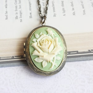 Big Cameo Locket Necklace Rose Pendant Light Green Ivory Cream Rose Cameo Romantic Vintage Style Photo Locket Long Chain Gift For Mom