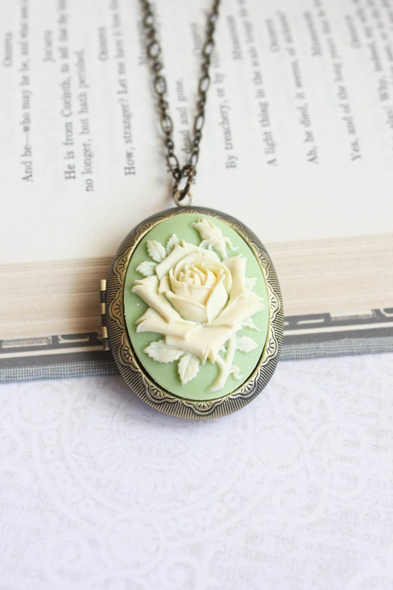 Big Cameo Locket Necklace Rose Pendant Light Green Ivory Cream Etsy