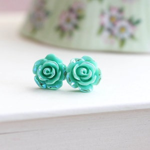 Pretty Little Roses Studs Flower Earrings Iridescent Aqua Teal Metallic ...