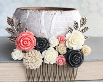 Coral Hair Comb Floral Collage Comb Charcoal Grey Wedding Vintage Style Ivory Cream Rose Bridal Comb Colorful Hair Piece Bridesmaids Gift