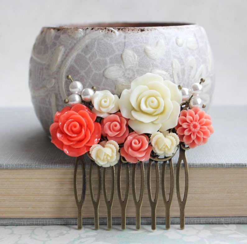 Flower Hair Comb Coral Orange Rose Cream Pearls Bright Etsy