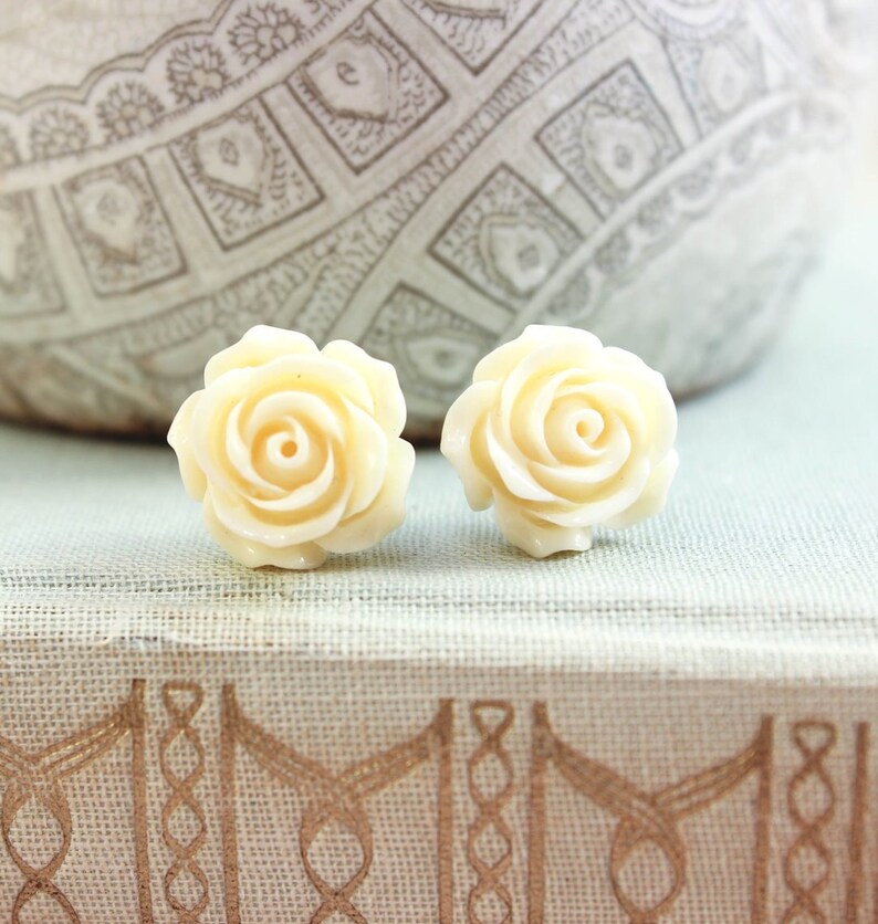 Cream Rose Earrings Surgical Steel Posts Flower Studs Light Yellow Floral Earrings Off White Rose Resin Jewelry Romantic Bridesmaids Gifts image 4