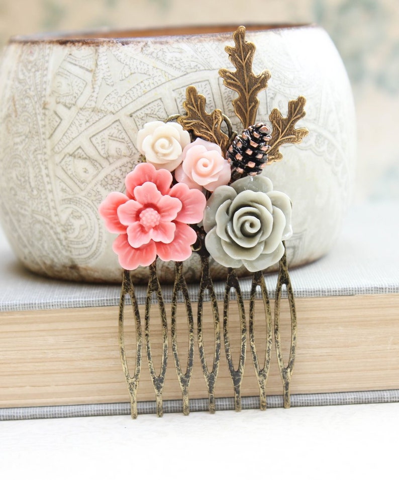 Pink Floral Hair Comb Leaf Bridal Comb Flower Hair Accessories Etsy