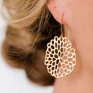 Gold Flower Earrings, Modern Floral Earrings, Unique Dangle Earrings, Abstract Dahlia, Chysanthemum, Gift for Her, Mother, Sister, Woman