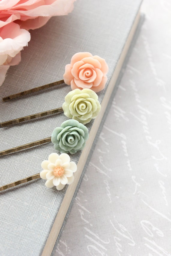 Peach Rose Bobby Pins, Floral Hair Clips, Green Flower  display picture 1