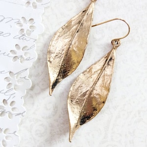 Long Gold Leaf Earrings Woodland Jewellery Nature Inspired Modern Leaf Dangle Earrings Everyday Womens Jewelry Just for Her Gold Wedding