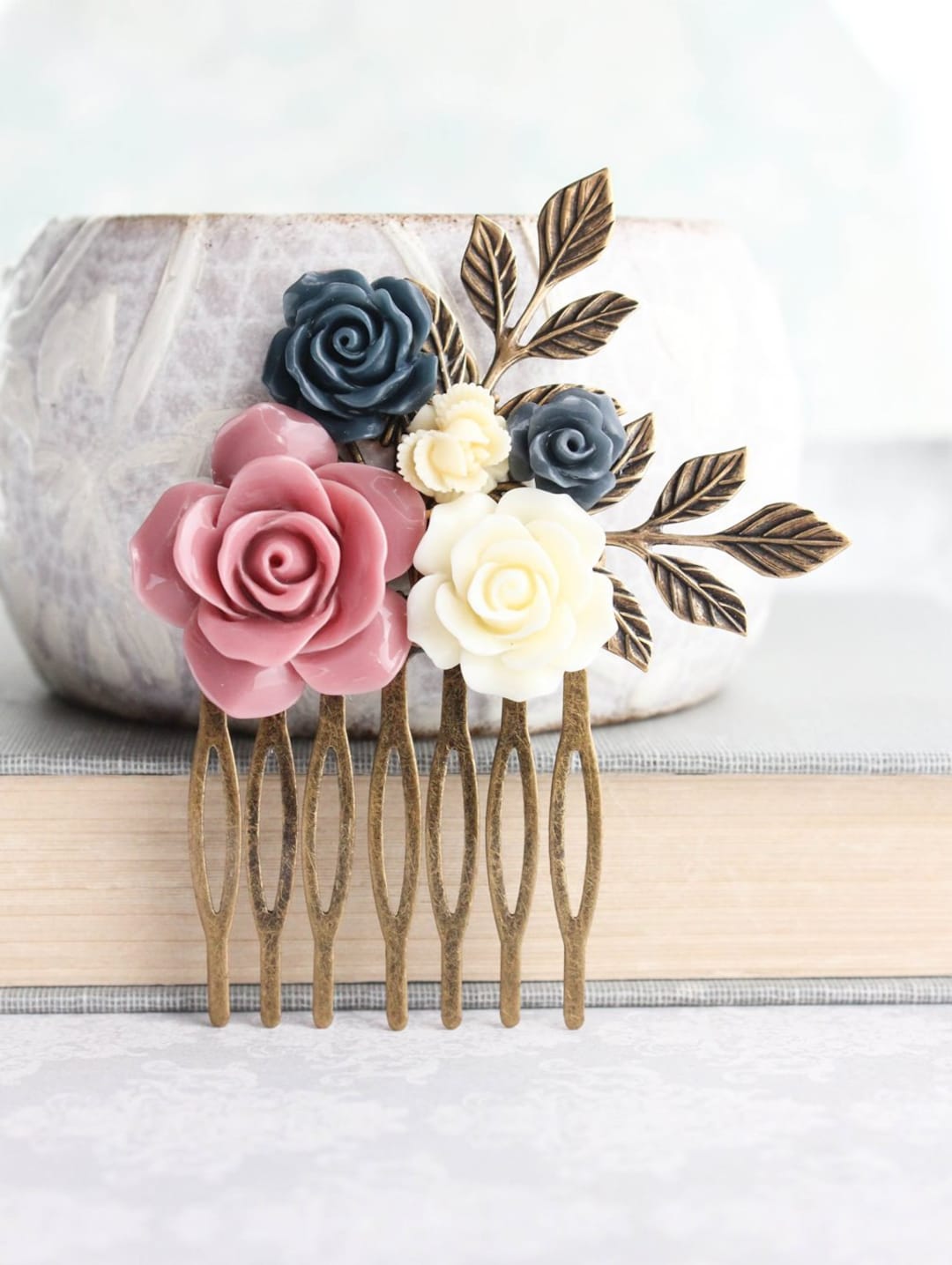 Floral Bridal Hair Comb Dusty Rose Pink Wedding Navy Blue Rose Comb